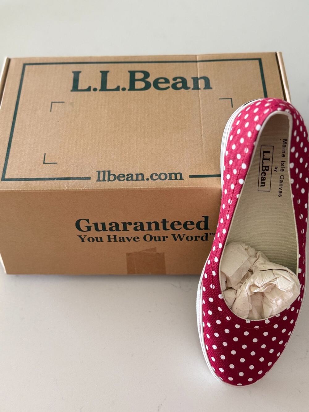 New LL Bean Maine Isle Canvas Flats Women 6.5 Red White Polka Dot Slip On